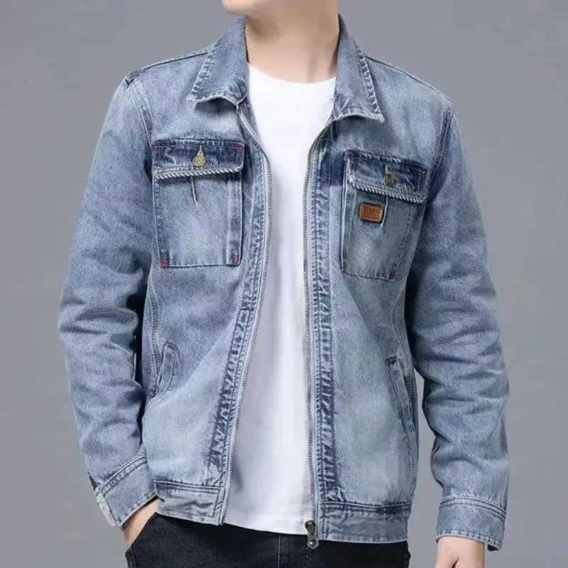 Male Jean Coats Zip V New In High Quality Mens Denim Jacket Elatic Washed Lowest Price Menswear Designer Korea Fast Delvery Y2k X250113