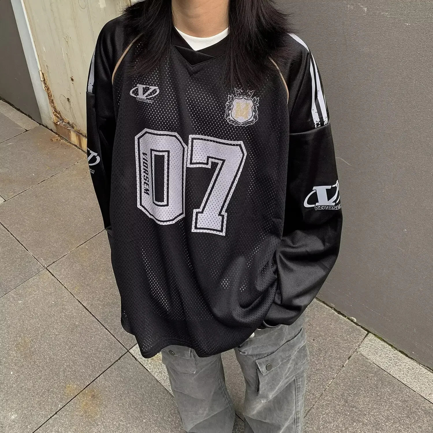 Vintage Letter Graffiti Printing Mesh Long Sleeve TShirt For Men Loose Fit Hip Hop Niche Versatile Top Casual Scene 250113