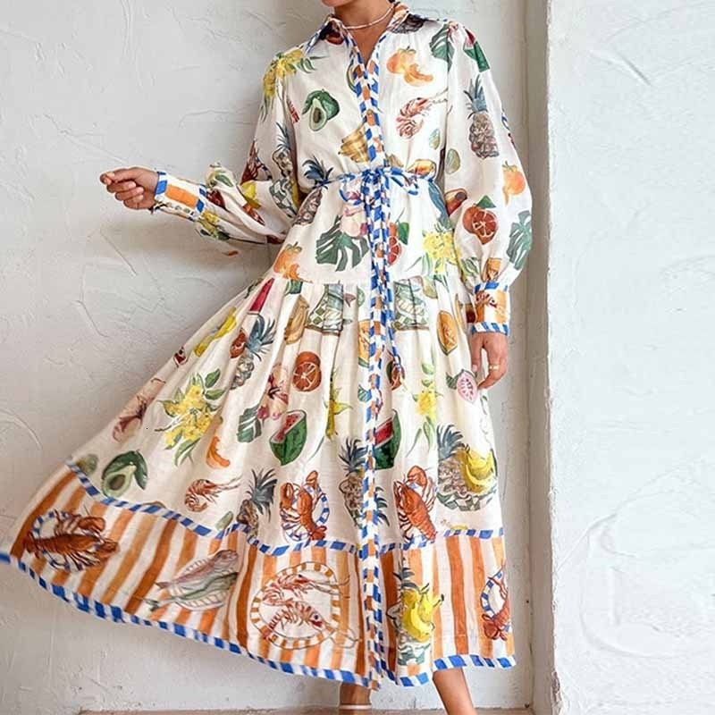 2025 Womens Lantern Sleeve Printed Lapel Waist Cinched Long Sleeved Big Swing Dress for Women