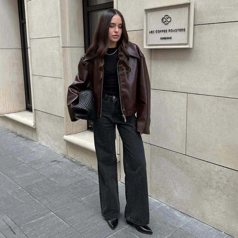 Womens Jackets Reddish Brown Faux Leather Jacket Outerwear 2025 Autumn Winter Turn-down Collar Thicken Zipper Lapel Pu Women Coats