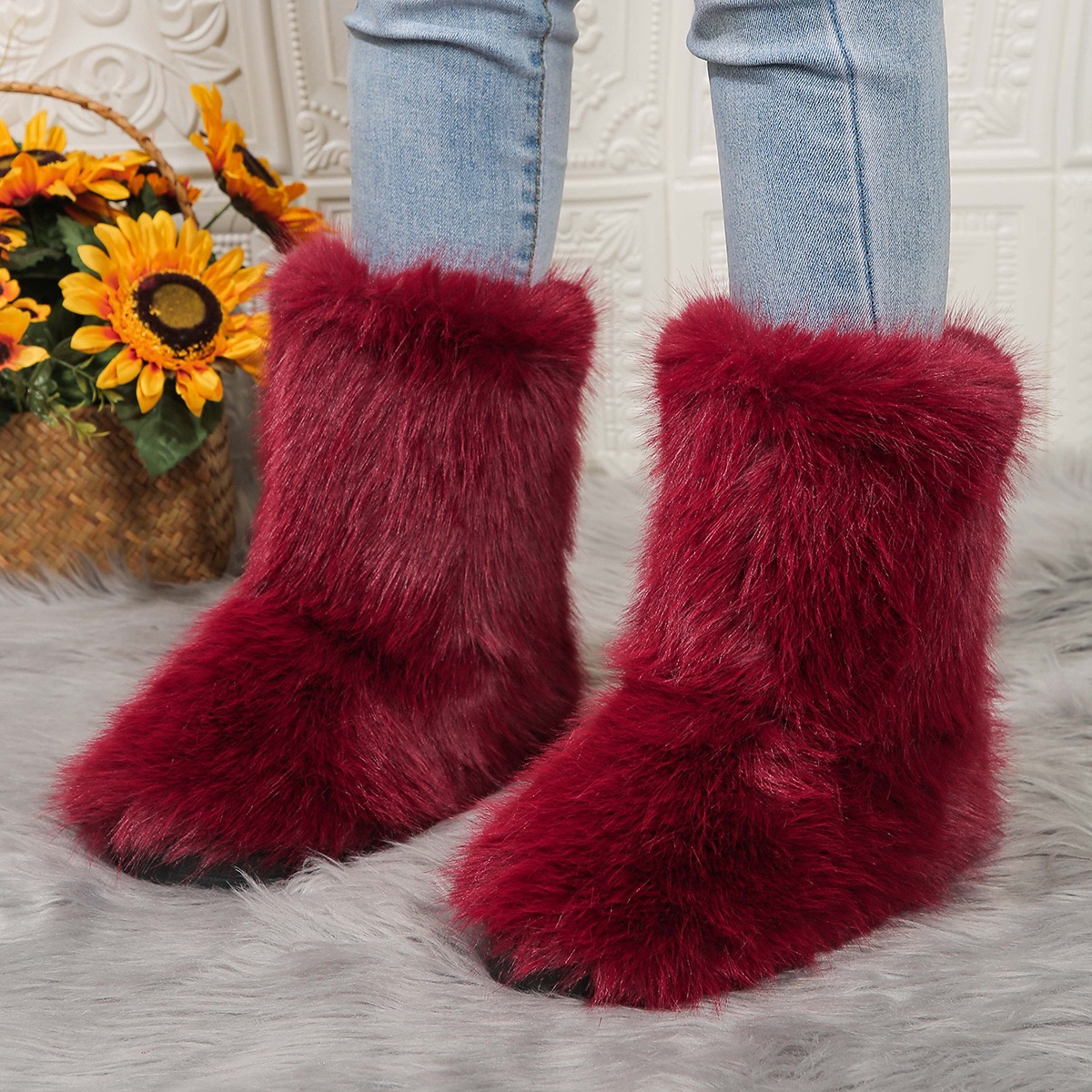 2025 new Womens Fluffy Faux Fur Boots Stylish High-Top - Versatile Winter Warmth for Snowy Adventures 240909