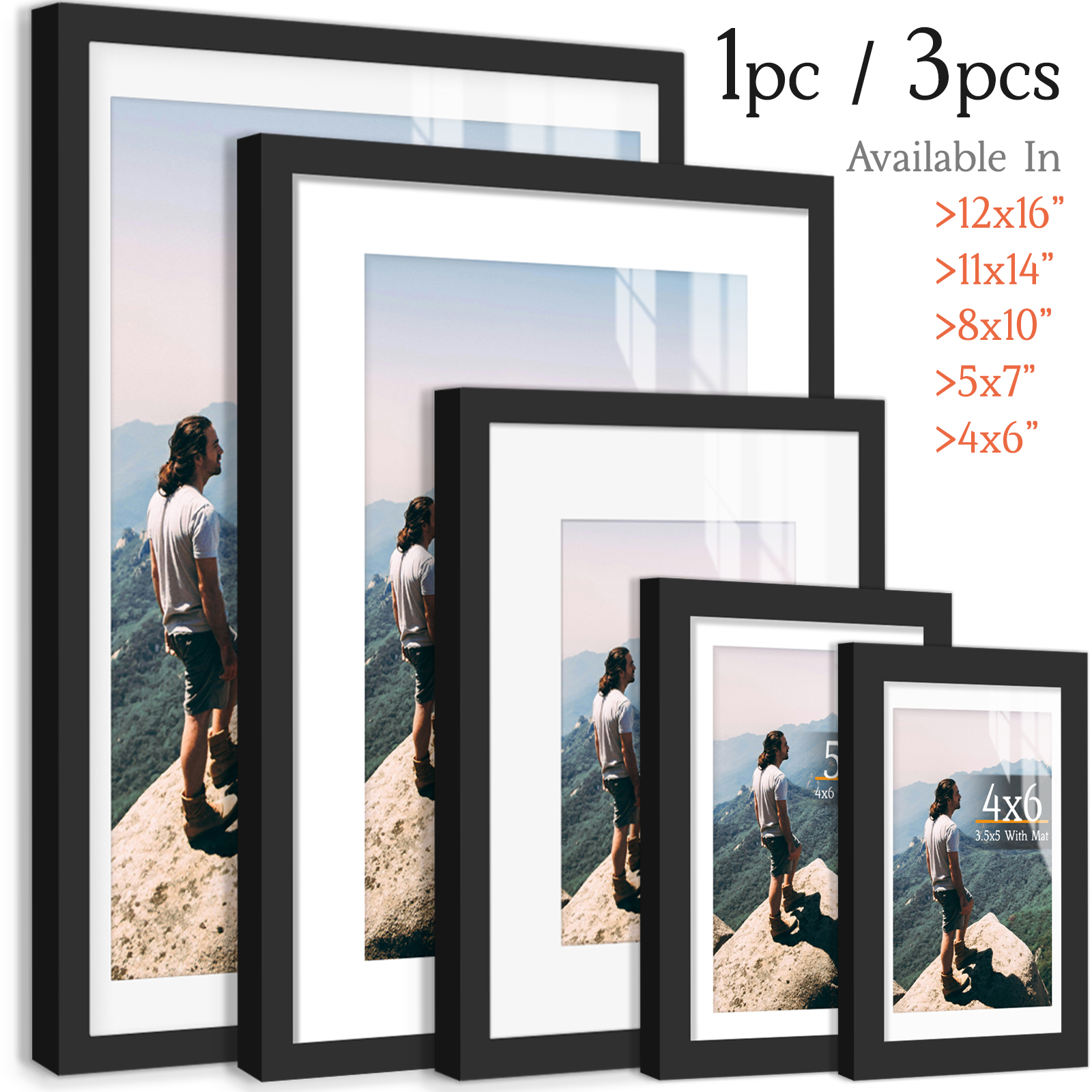 Matte Black/WoodColor Gallery Picture Frame, 12x16/11x14/8x10/8x8/5x7/4x6 Inch, Matte/Wood Grain Wall Hanging Photo Frame H260306
