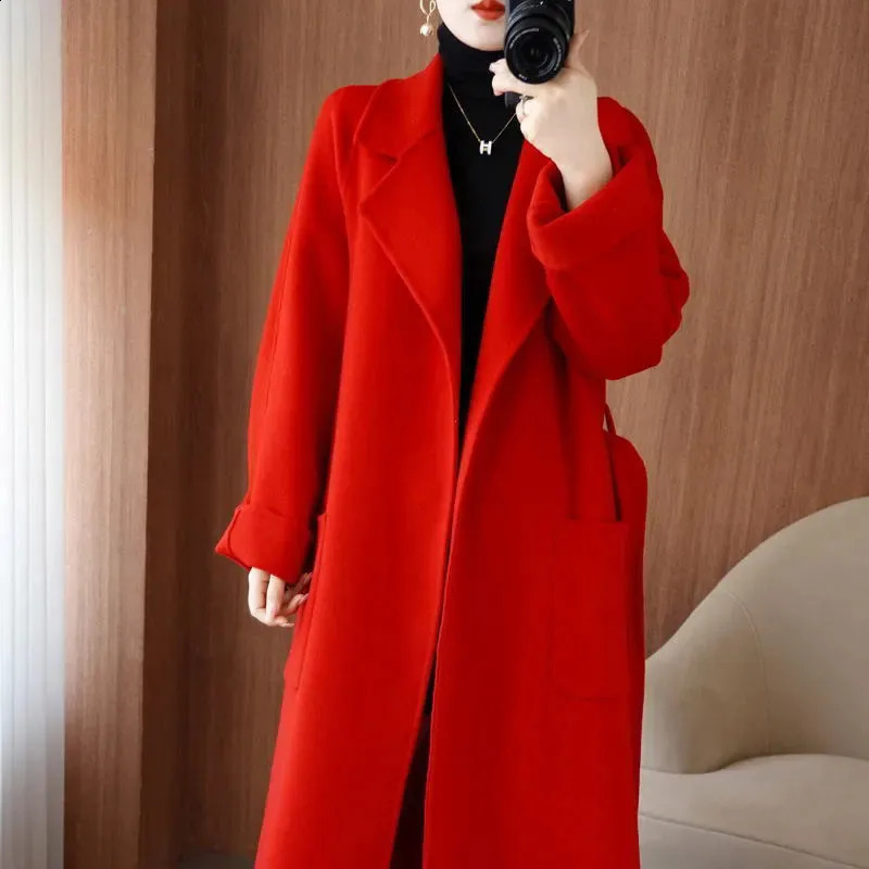 100% Pure Wool DoubleSided Cashmere Coat Women Winter MidLength Loose Fashion Pockets Woolen Jacket Female Overcoat B551 250102
