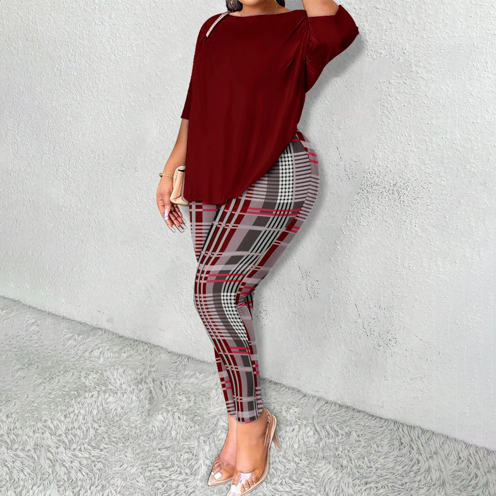 Women Clothing Winter Outfit Plus Size Long Sleeves Tops Plaid Print Pants Two Pieces Sets Autumn Chic Streetwear Fashion Suit 250106