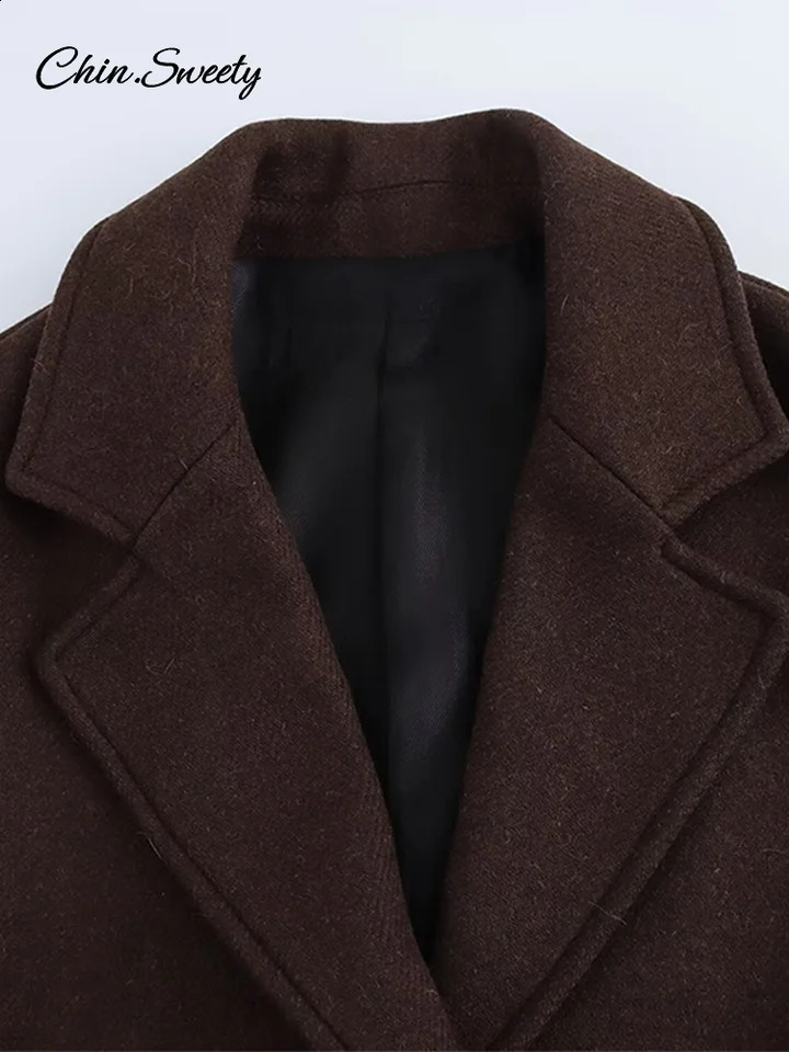 Fashion Woolen Long Coat Women Brown Single Breasted Sleeve Lapel Loose Jacket Female Spring High Street Outerwear 250102