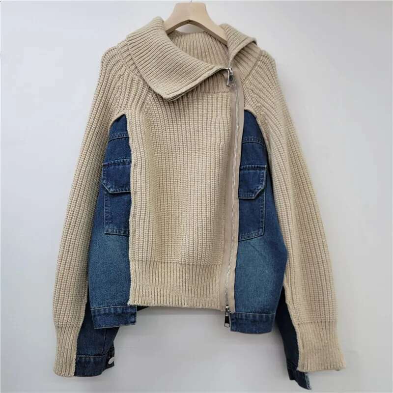 Fashion New Women's Irregular Stand Collar Knit Denim Coat Winter Trendy Long Sleeves Zipper Jacket Female
