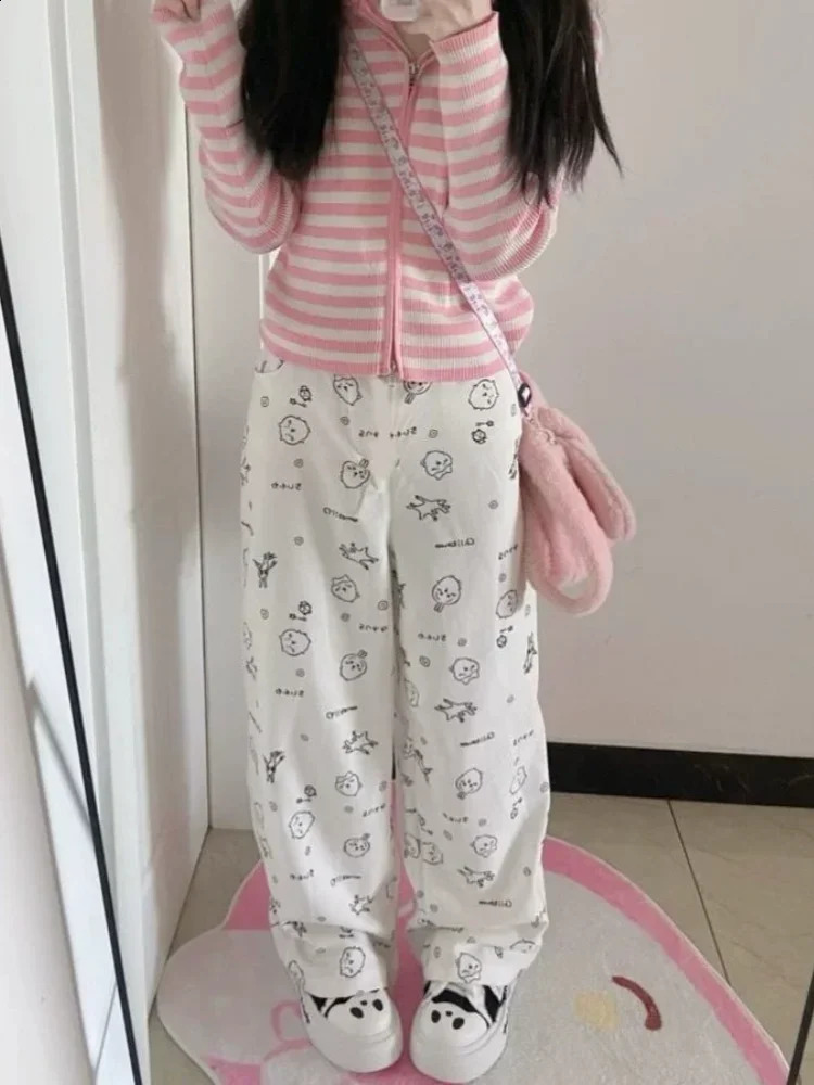 HOUZHOU Y2k Kawaii Sweet High Straight Pants Women Japanese Style Harajuku Cute Cartoon Print Loose Trousers Soft Girl 250102