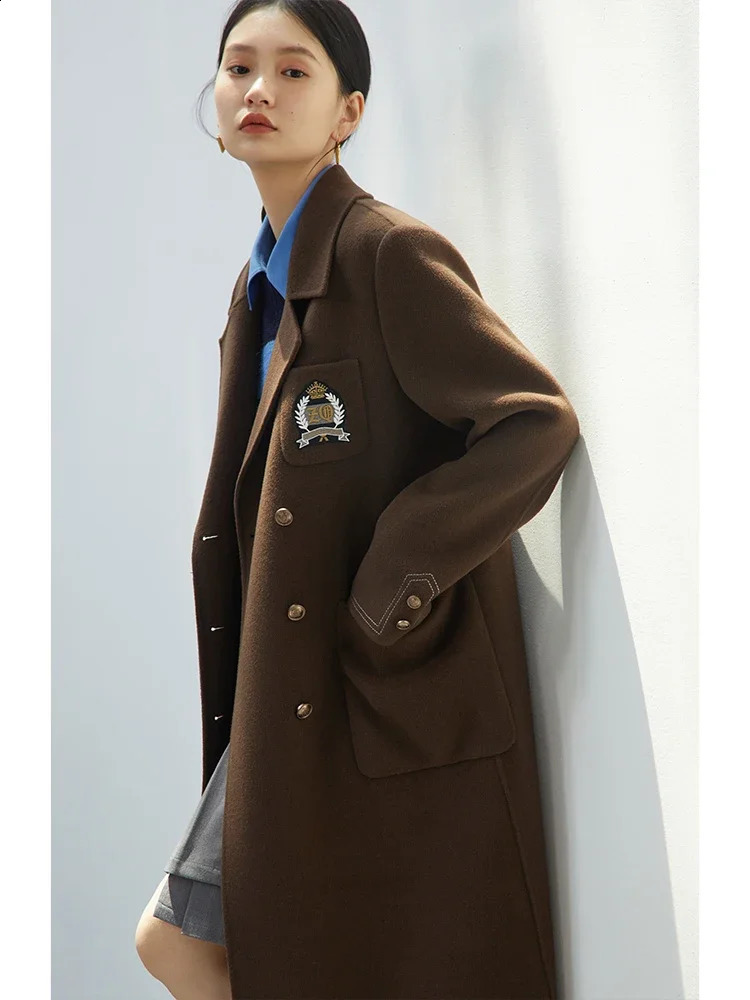 ZIQIAO 100% Wool Overcoat Autumn Winter Long Jacket Women Warm Coat Elegant Style Brown Chic Office Lady Straight Casual 250102