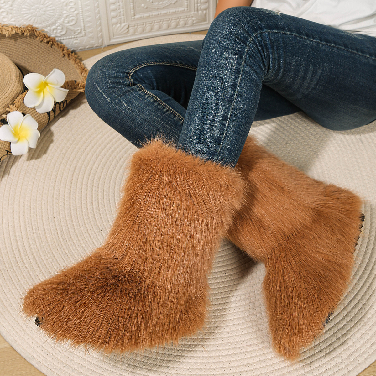 2025 new Womens Fluffy Faux Fur Boots Stylish High-Top - Versatile Winter Warmth for Snowy Adventures 240909