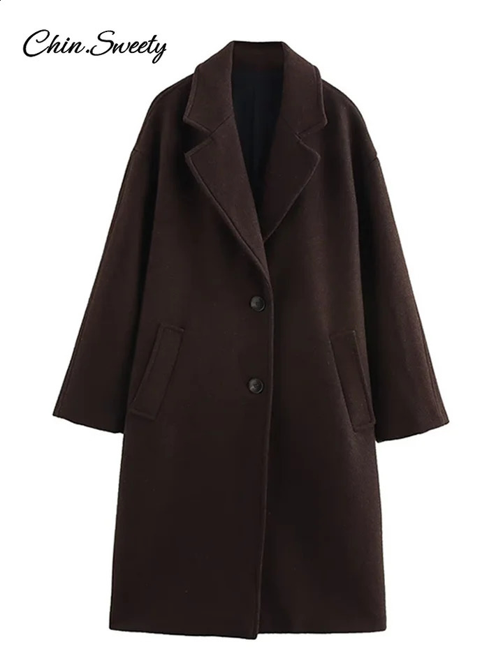 Fashion Woolen Long Coat Women Brown Single Breasted Sleeve Lapel Loose Jacket Female Spring High Street Outerwear 250102