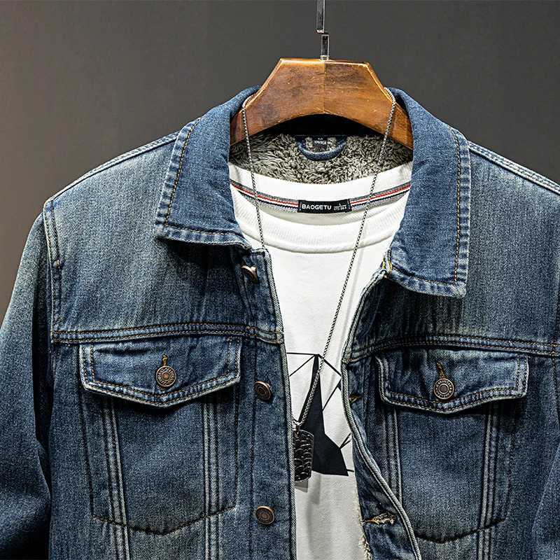 High density padded thickened warm casual denim jacket high street fashion brand blue Large Size Workwear Jacket Mens X250113