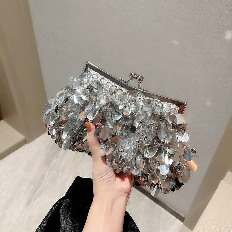 New In Designer Clutch Bag Mini Bucket Shiny Handbags And Purses For Women Sequin Crossbody Bags With Round Handle