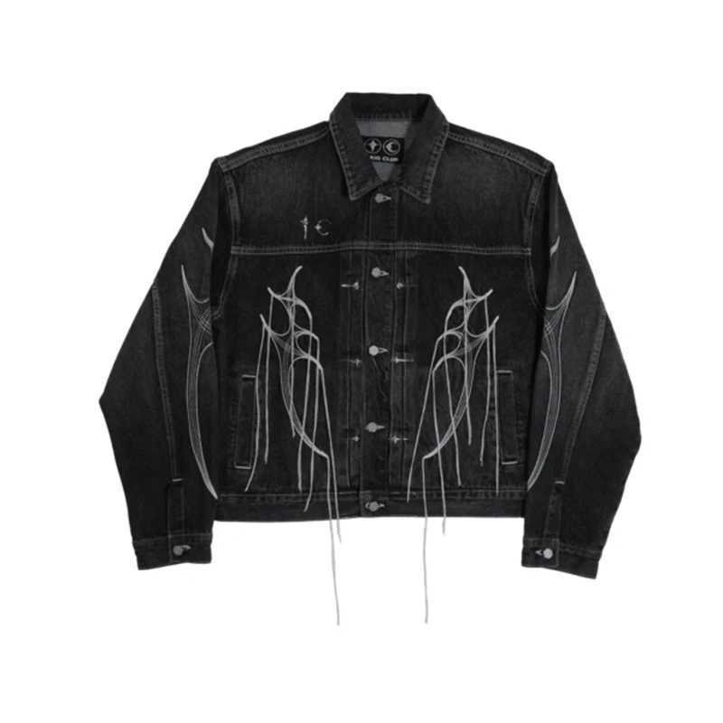 Harajuku Wing Embroidery String Tassel Black Jeans Jacket for Men and Women Lapel Washed Casual Bomber Denim Coat Oversized X250113
