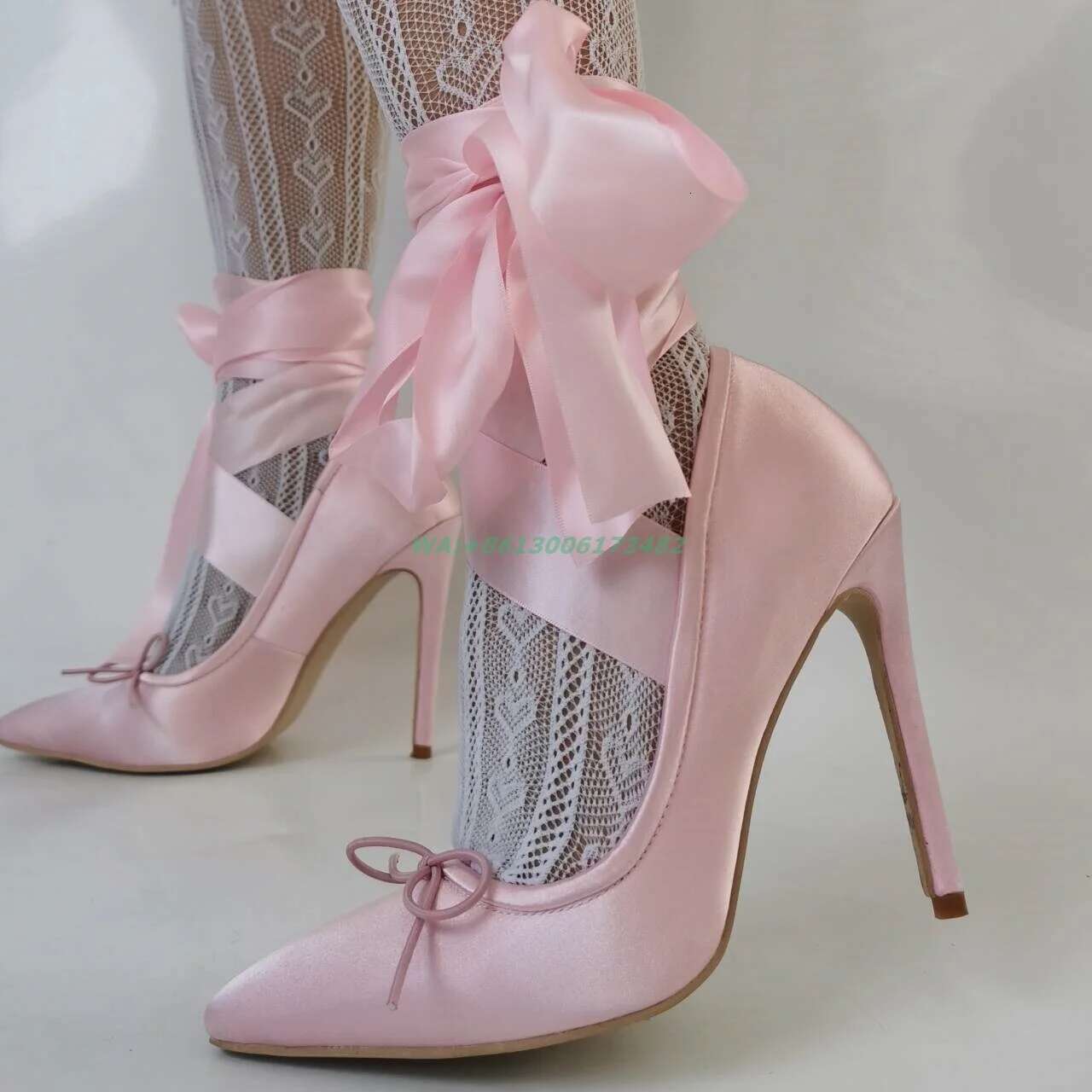 Sweet Girl Satin Ballet Design Women Pointed Toe Pink Bow Ankle Lace Up Stiletto High Heels Plus Size
