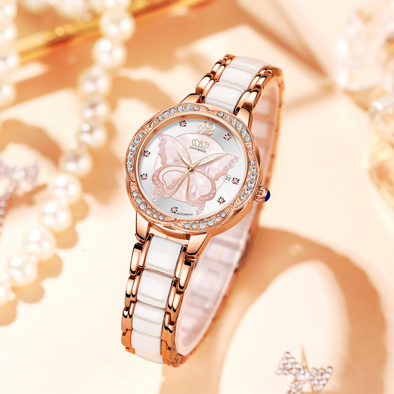 Women's Elegant Automatic Mechanical Watch with Mother-of-Pearl Dial, Butterfly Motif, and Ceramic Band