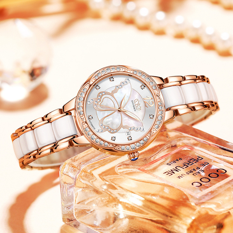 Women's Elegant Automatic Mechanical Watch with Mother-of-Pearl Dial, Butterfly Motif, and Ceramic Band