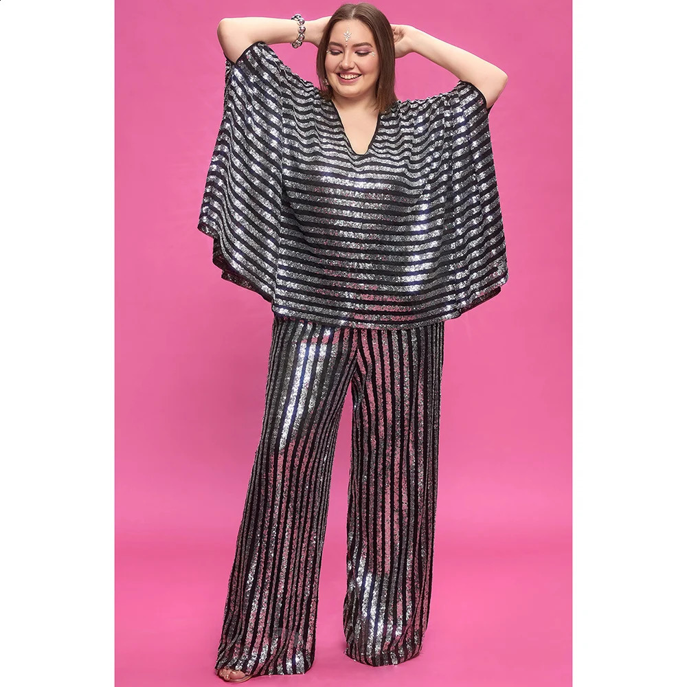 Plus Size Party Silver Fall Winter V Neck Batwing Sleeve 34 Pocket Sequin Two Piece Pant Sets y250122