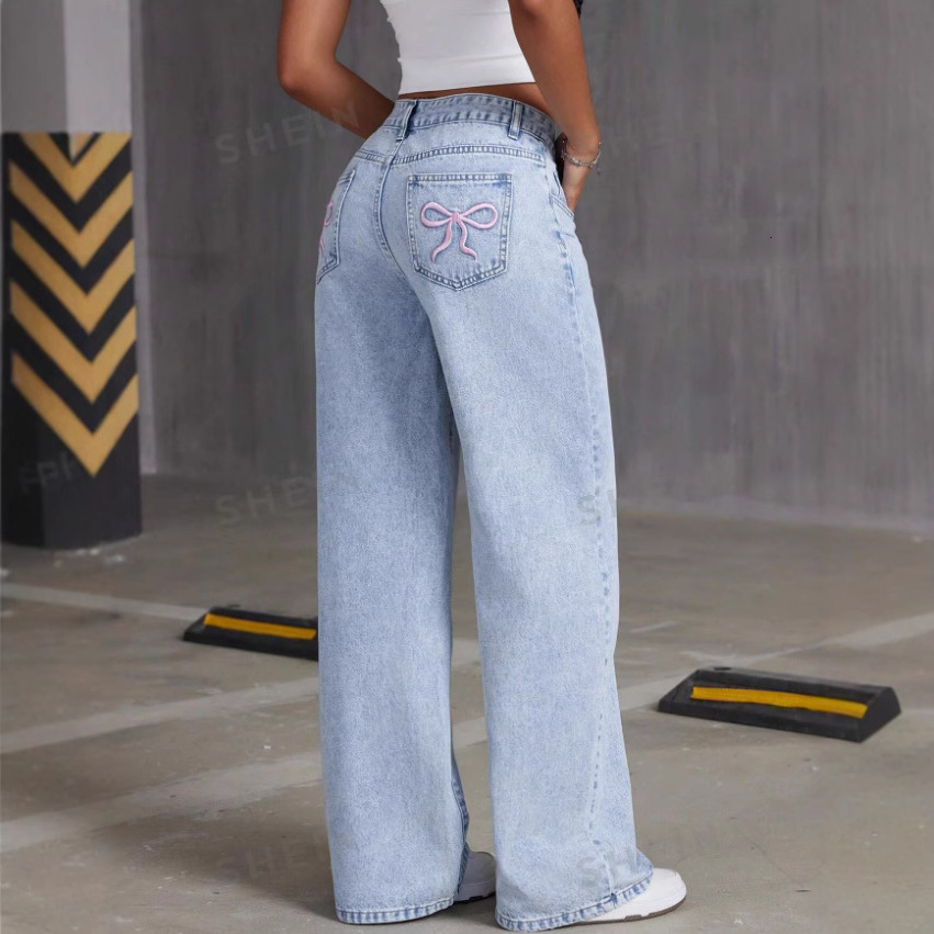 designer jeans baggy jeans womens designer hot selling jeans women's bow embroidery street hot girl straight leg wide leg pants loose pan 54d