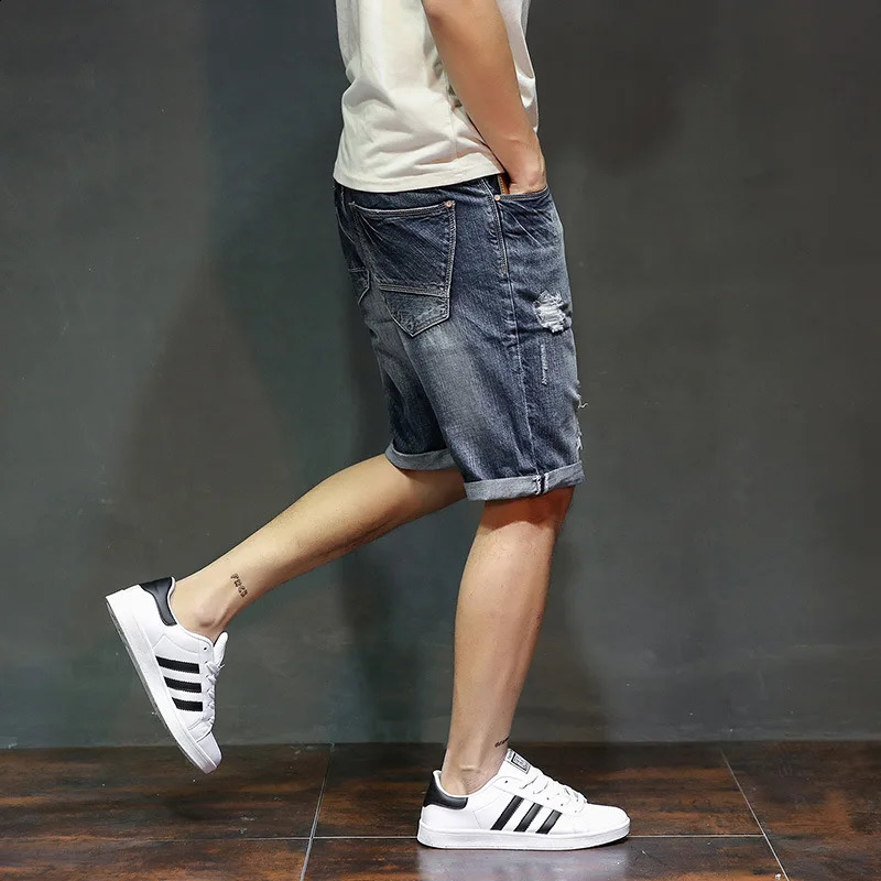 Summer Mens Denim Shorts Fashion Slim Fit Elastic Cotton Blue Wash Ripped Jeans Male Clothes 250103