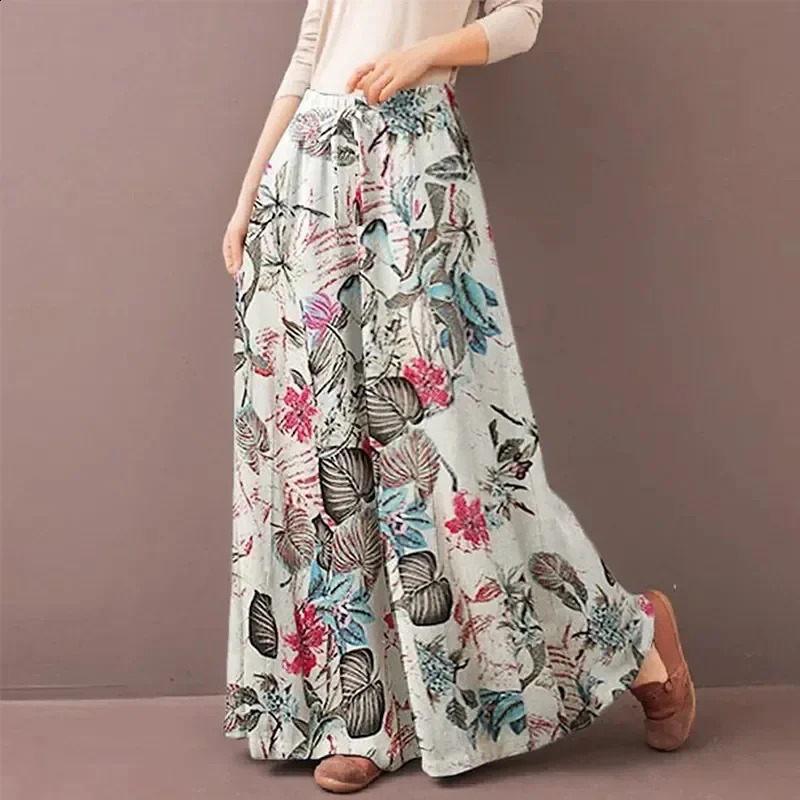 Floral Print Wide Leg Women Pants Spring Drawstring Bohemia Trousers Lady Casual Loose Elastic Waist Pantalonsw Plus Size 250106