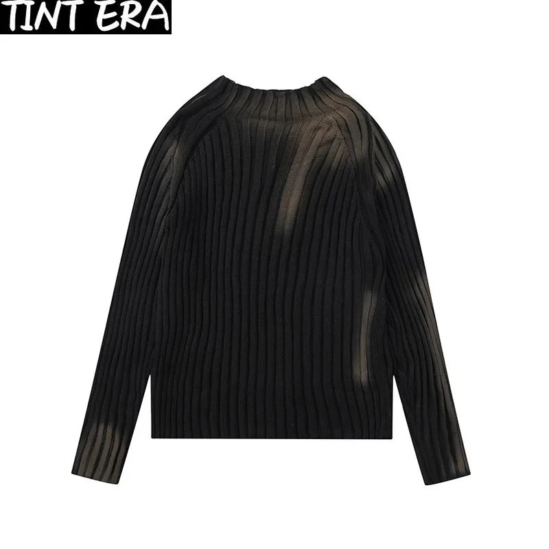 High Street Paint Graffiti Old Slim Fit Knitted Tshirt Ins Lazy Style Sweater Fashion Tops Pullover 250113