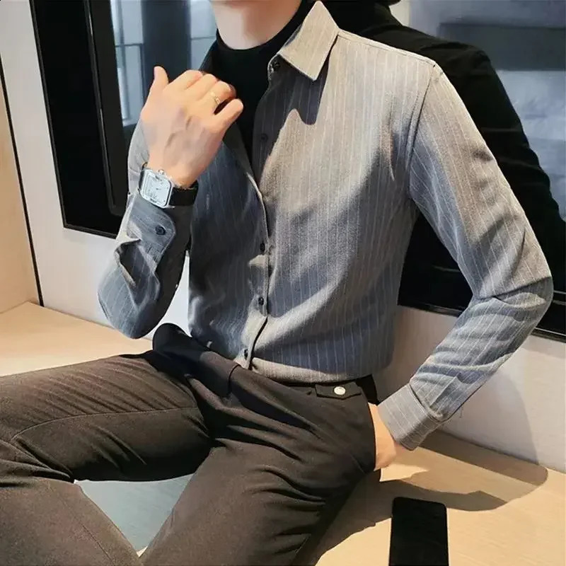 Male Top Striped Mens Shirt And Blouse Black Clothes Formal Business Stylish In Original Casual Asia Elegant 250108