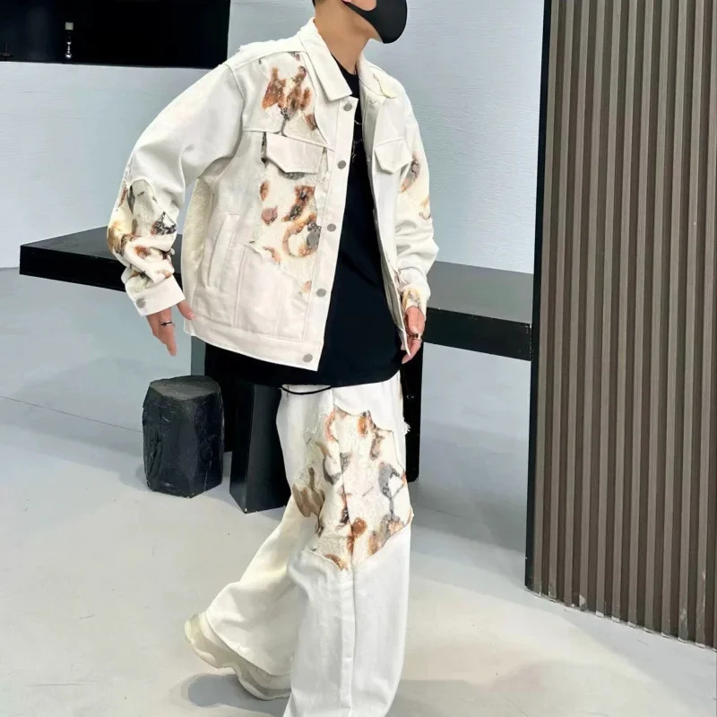 Unique Fire Burning Splicing Denim Suit Mens American Style Cropped Jacket Straight-Leg Trousers 2-Piece Set Casual Styl 250109
