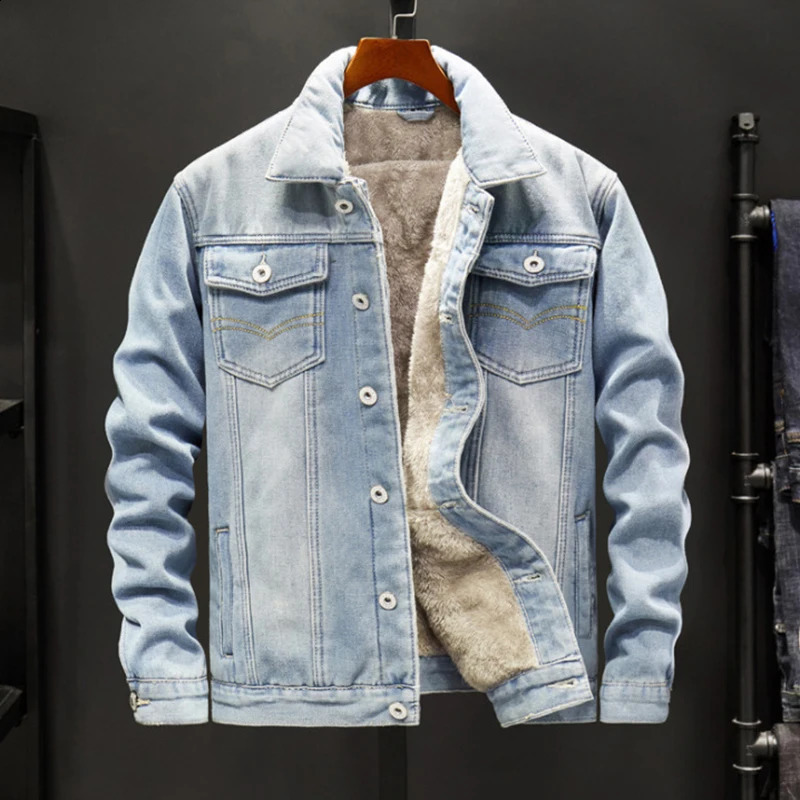 Fall Winter Fleece Liner Denim Jackets Mens Vintage Buttonup Turndown Collar Jean Coats For Men Streetwear Fashion Outerwear 250110