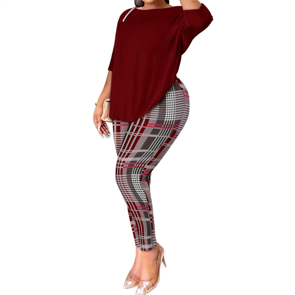 Women Clothing Winter Outfit Plus Size Long Sleeves Tops Plaid Print Pants Two Pieces Sets Autumn Chic Streetwear Fashion Suit 250106