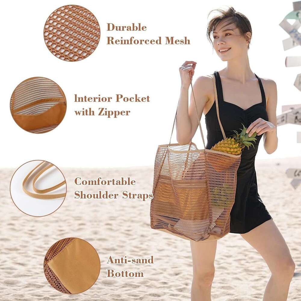New Folding Beach Mesh Handbag, Women's Shoulder Shopping Summer Outdoor Travel Bag