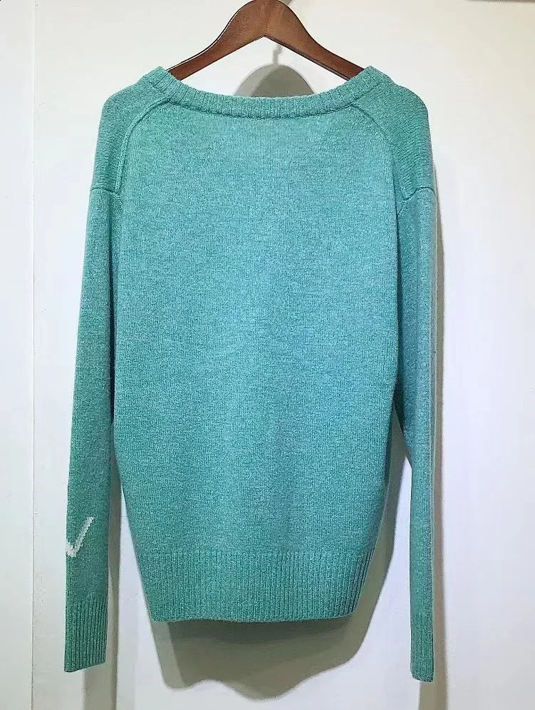 Autumn 100% Cashmere Sweater Cuff Letter Pattern Vneck Pullover for Women 250113