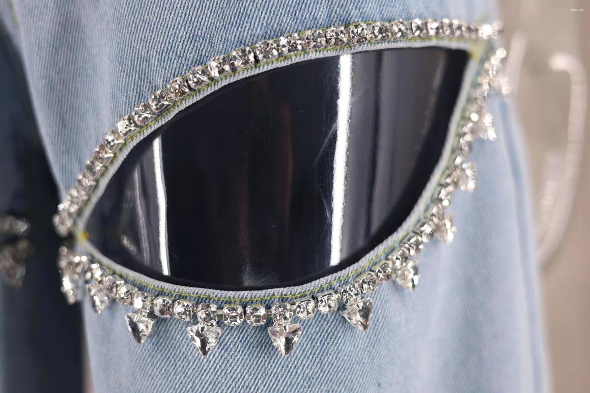 Women's Pants Chic Women Hollowed Out Diamonds Beaded Holes Jeans Rhinestones Straight Denim Crystals Cowboy Trousers Loose Pantalones