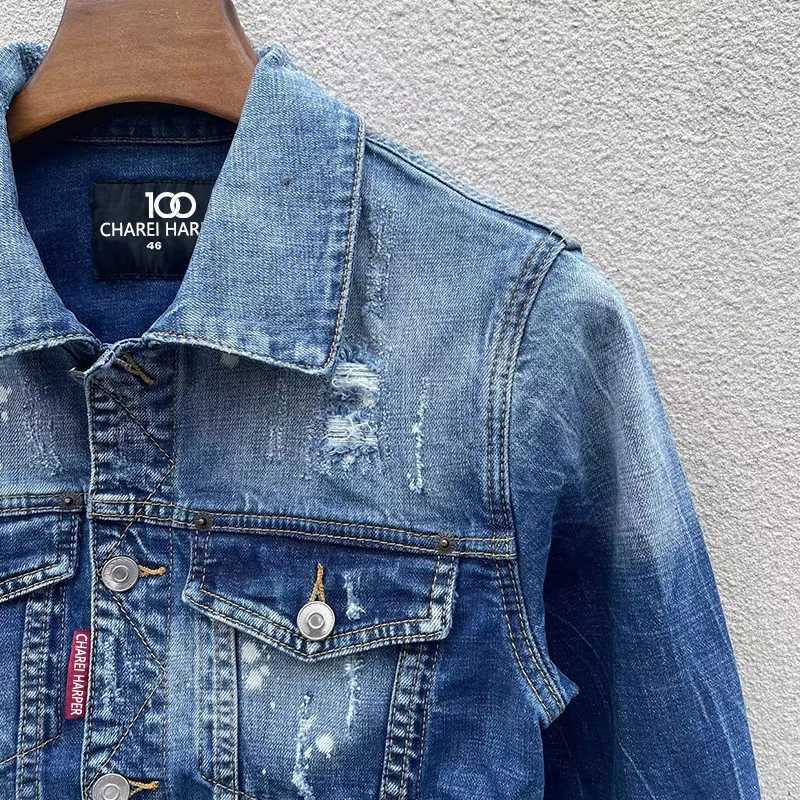 100 CHAREI HARPER 1902 Autumn/Winter fashion mens denim coat jacket Ripped patch paint point long sleeve denim coat trend X250113