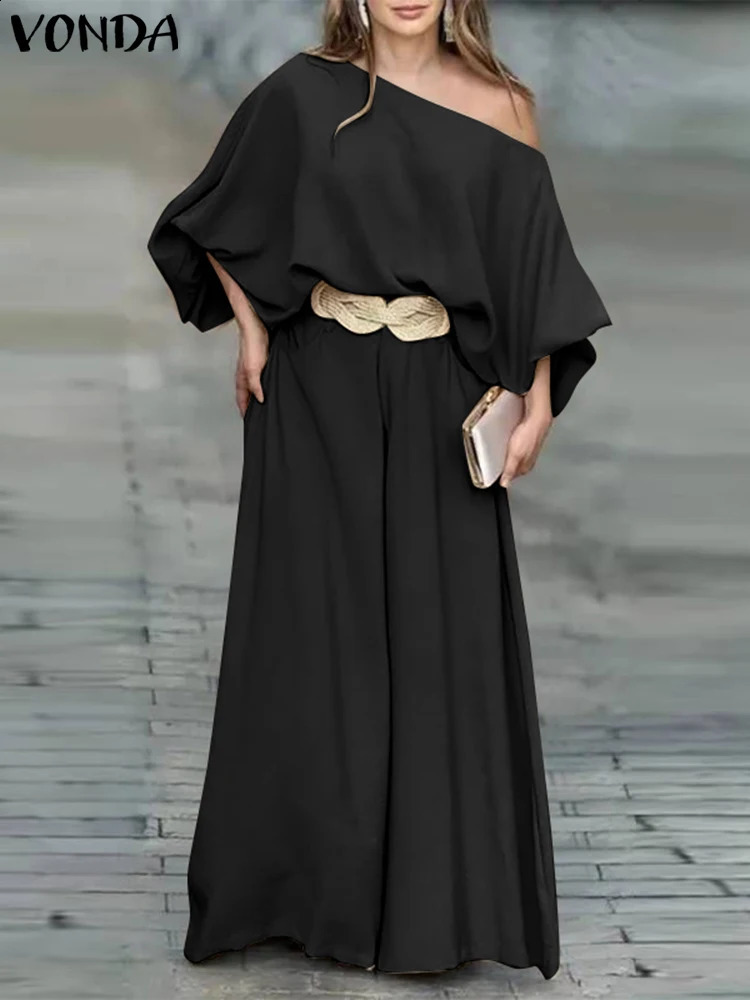 Plus Size VONDA Women Outfits Casual Slanted Collar Tops Elastic Waist Wide Leg Pant Sets 2024 Elegant Solid Pants Suits 2PCS 250106