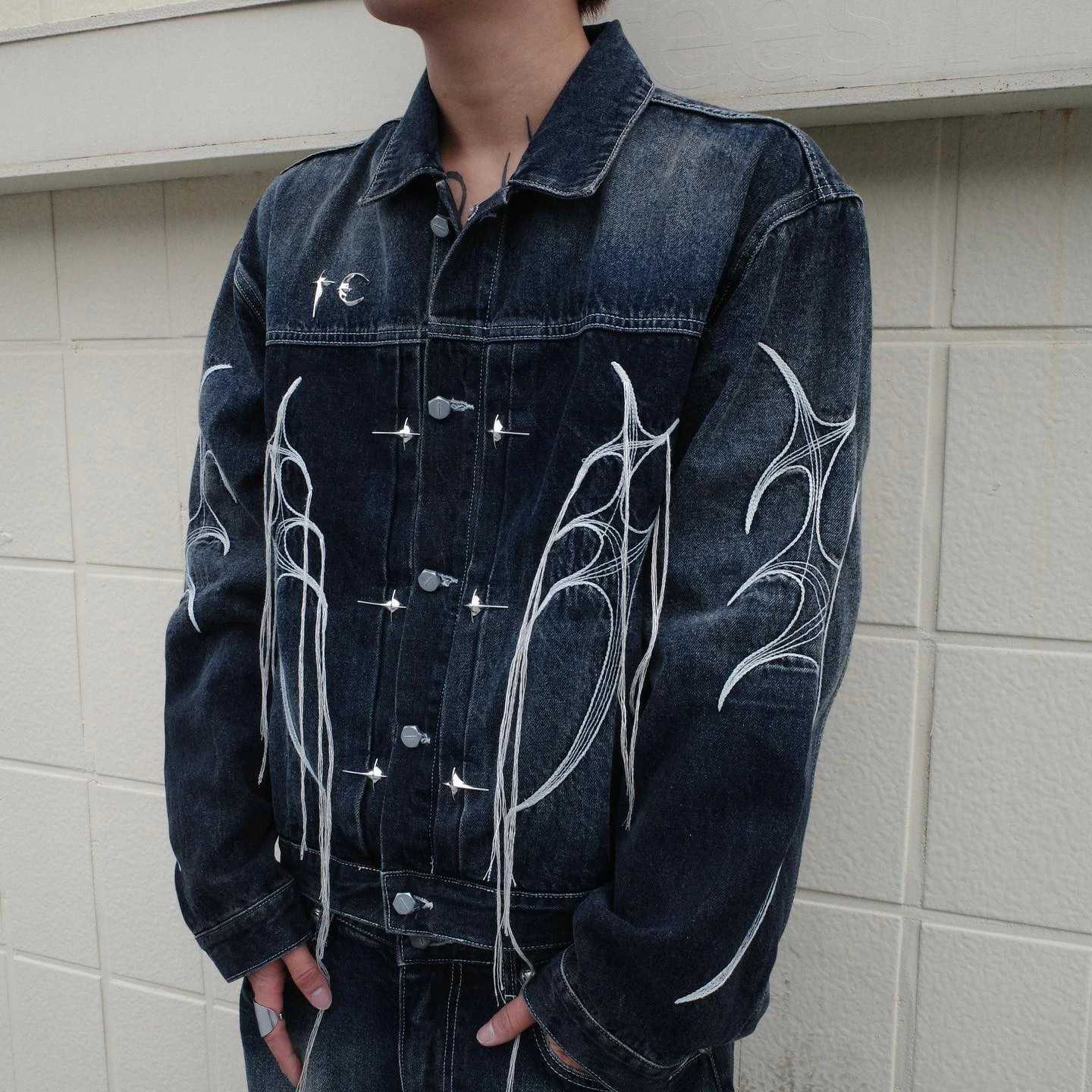 Harajuku Wing Embroidery String Tassel Black Jeans Jacket for Men and Women Lapel Washed Casual Bomber Denim Coat Oversized X250113