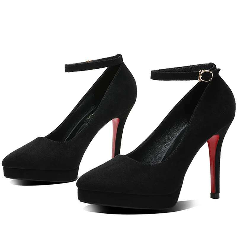New Sexy Classic 12Cm High Heels Women's Summer Black Shoes Ladies Strappy Pumps Platform Round Head Ankle Strap Footwear