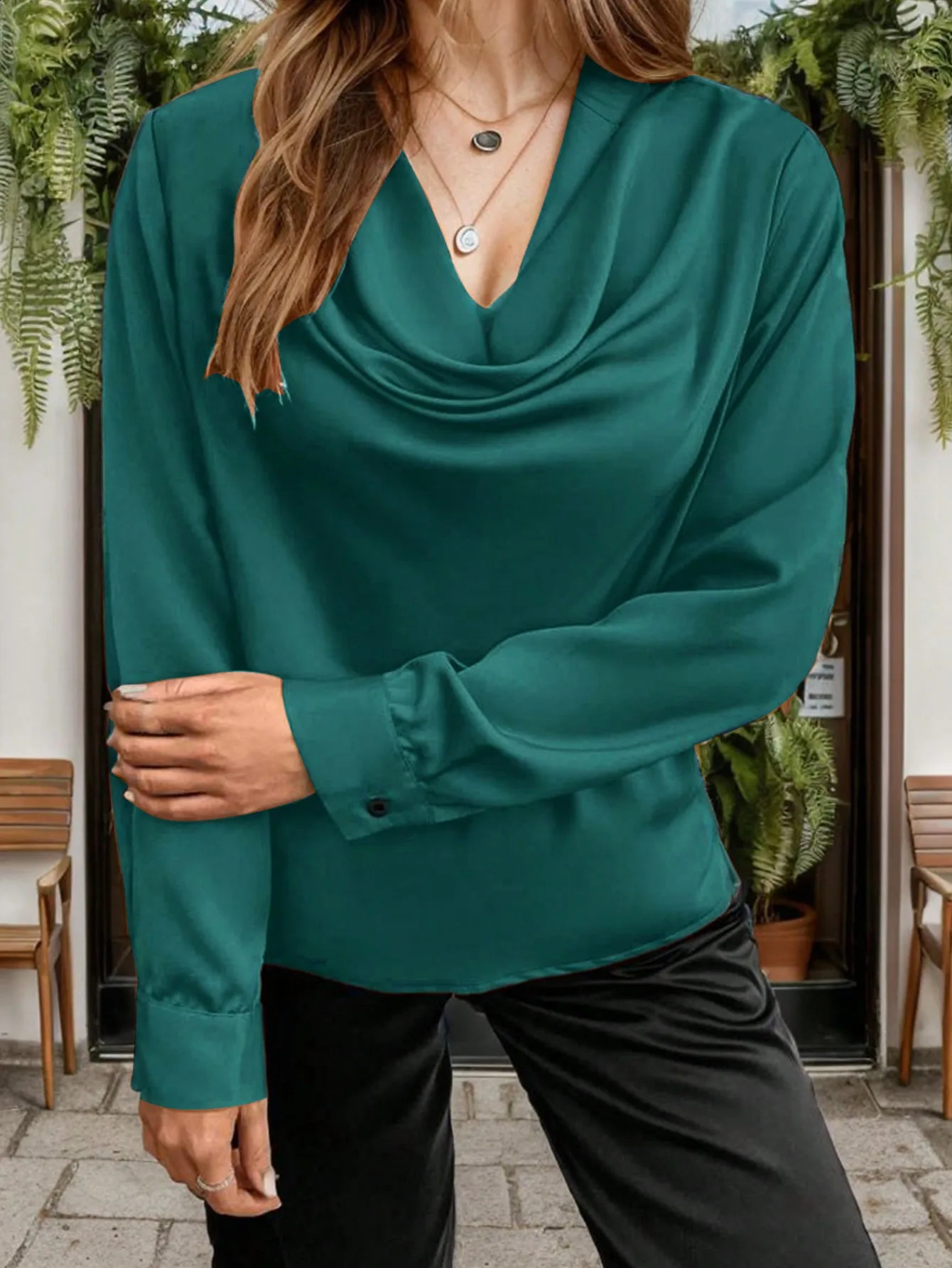 Autumn Fashion Plus Size Shirt Versatile Loose Chiffon Vneck Draped Pile Collar Solid Color Long Sleeve Casual Top 250102