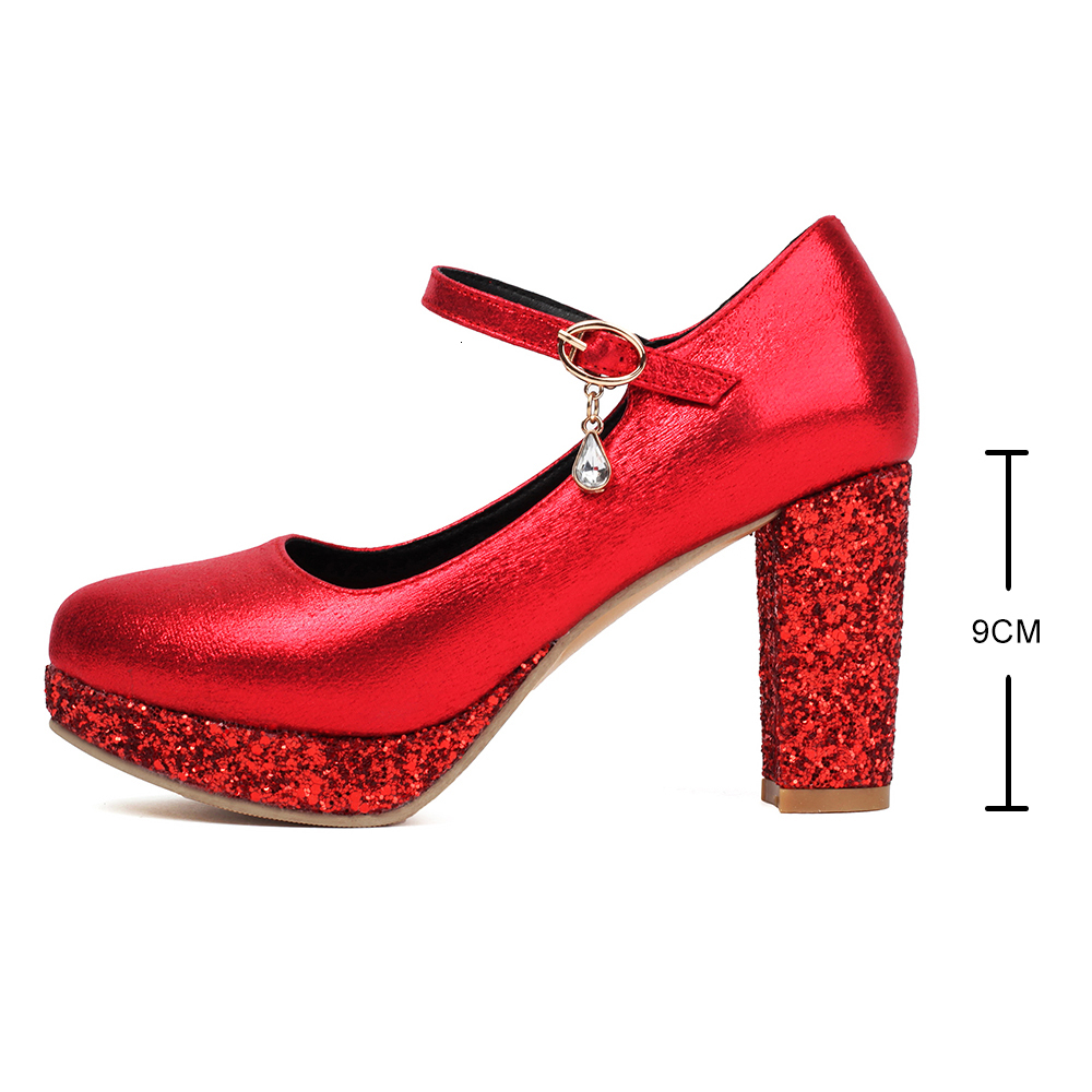 Sequined Red Sier Gold Women Platform Pumps 9Cm Chunky Heels Female Wedding Party Buckle Strap Ladies Round Toe Shoes
