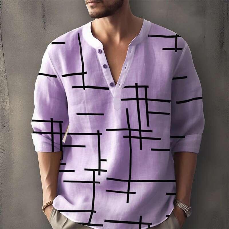 Abstract Striped 3D Printed Henry Shirt Men's Fashion Streetwear Oversized Button Long Sleeved Designer T-shirt T-shirt Top Men's Clothing