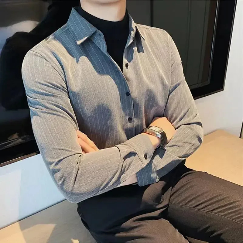 Male Top Striped Mens Shirt And Blouse Black Clothes Formal Business Stylish In Original Casual Asia Elegant 250108