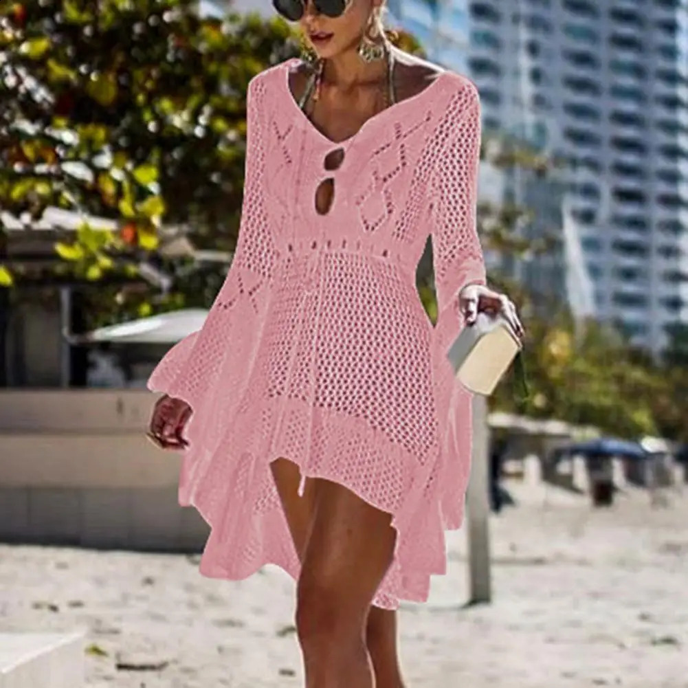 Sexy womens swimsuit beach cover hollow knit womens flannel long sleeved solid color beach dress Saida de Praia 250109