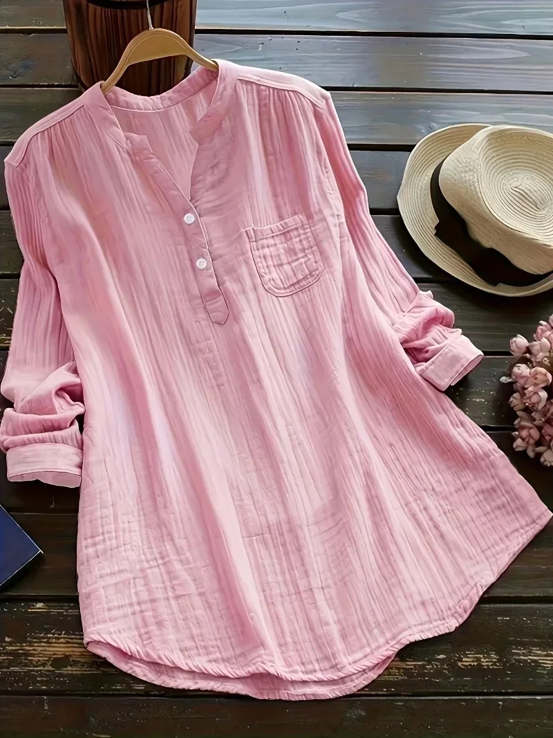Plus Size Womens 1XL8XL Casual Lapel Shirt Ladies Solid Color Long Sleeved Fashion Button Up 250102