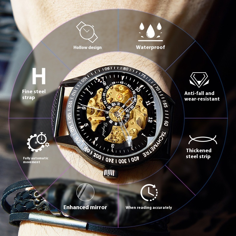 Men's Elegant Automatic Mechanical Watch with Skeleton Design and 30M Waterproof