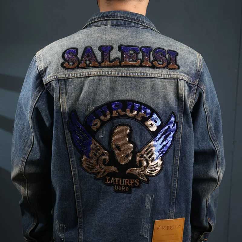 2024 New embroidered denim jacket MENS FASHION straight tube loose trendy brand washed retro workwear casual versatile top X250113