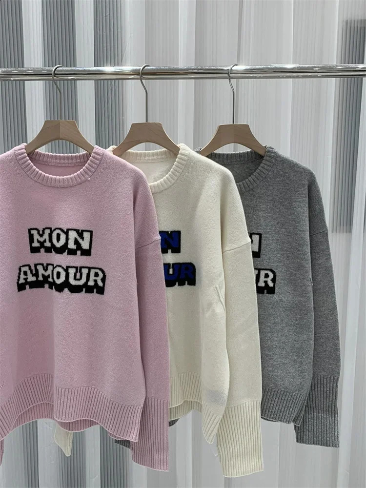 Letters Ladies Round Neck Pullover Tops 100% Cashmere 3 Colors Knit Sweater for Women Spring 250113