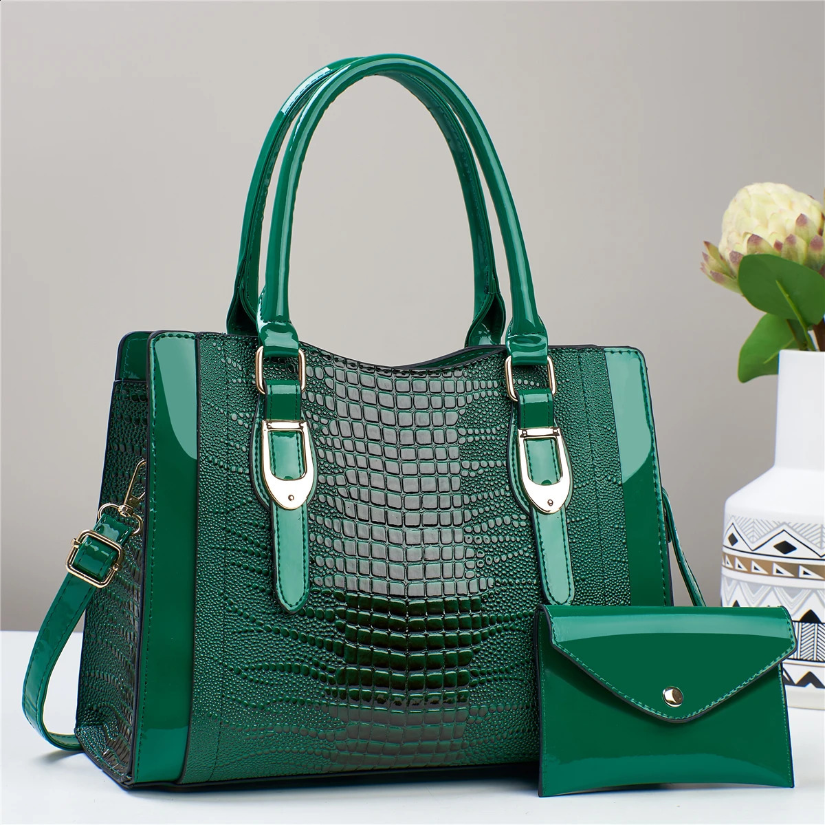 2pcs Glossy Print Handbag Set - Stylish Top Handle Tote Versatile Crossbody Bag with Mini Card Coin Purse 250106