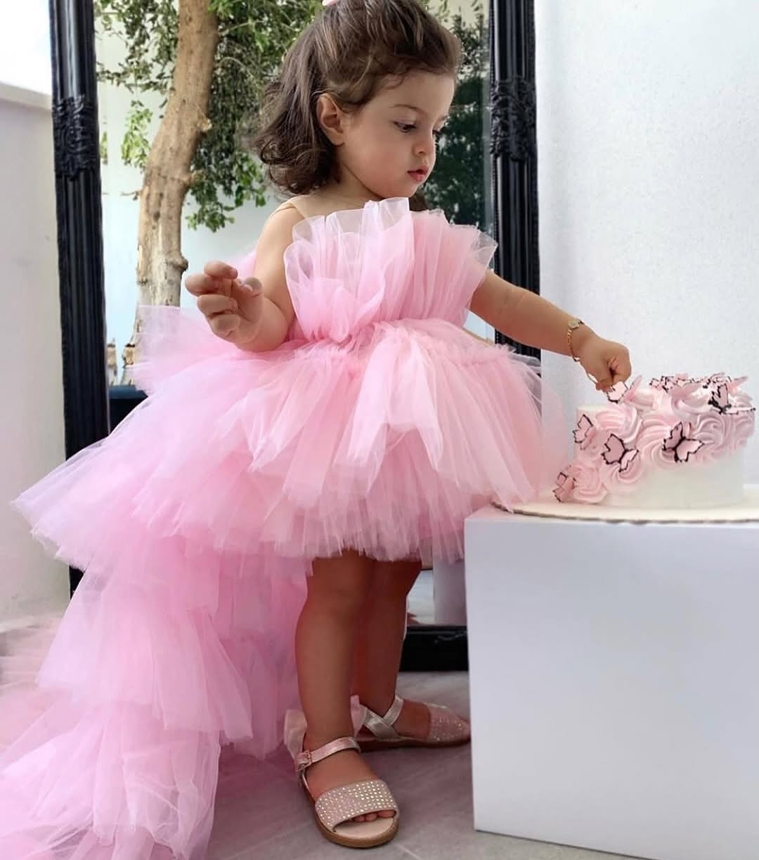High Pink Low Princess Wer Girl Dresses For Wedding Sheer Jewel Necke Toddler Pageant Gowns Tulle Tiered Birthday Party Dress