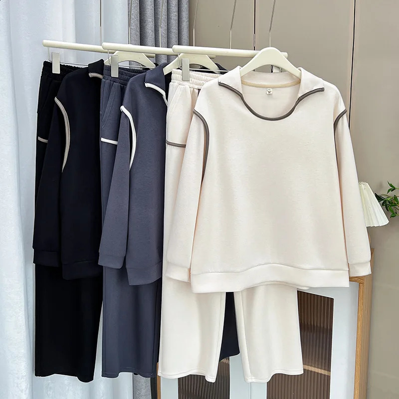 Long Sleeve Stretch Sweatshirt and Pants Set for Women Casual Clothing Block Color Lapel Plus Size 2 Pieces Suit y250122