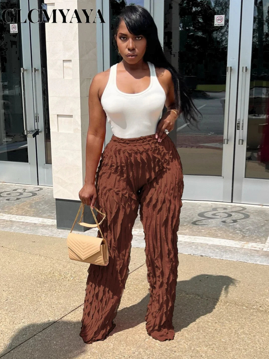 GLCMYAYA Women Wave Ruffles Wide Leg Pants Female Fashion Streetwear Elasitc High Waist Sweatpants Trousers 250102