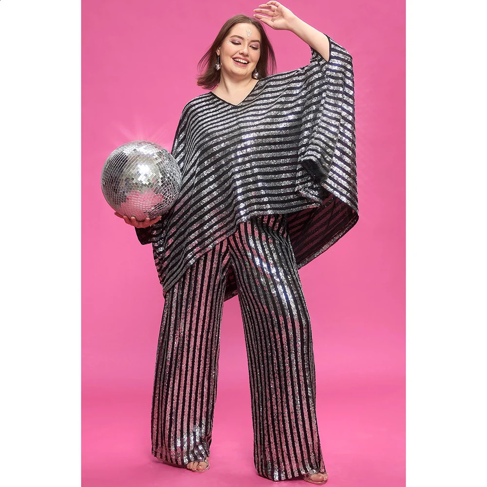 Plus Size Party Silver Fall Winter V Neck Batwing Sleeve 34 Pocket Sequin Two Piece Pant Sets y250122